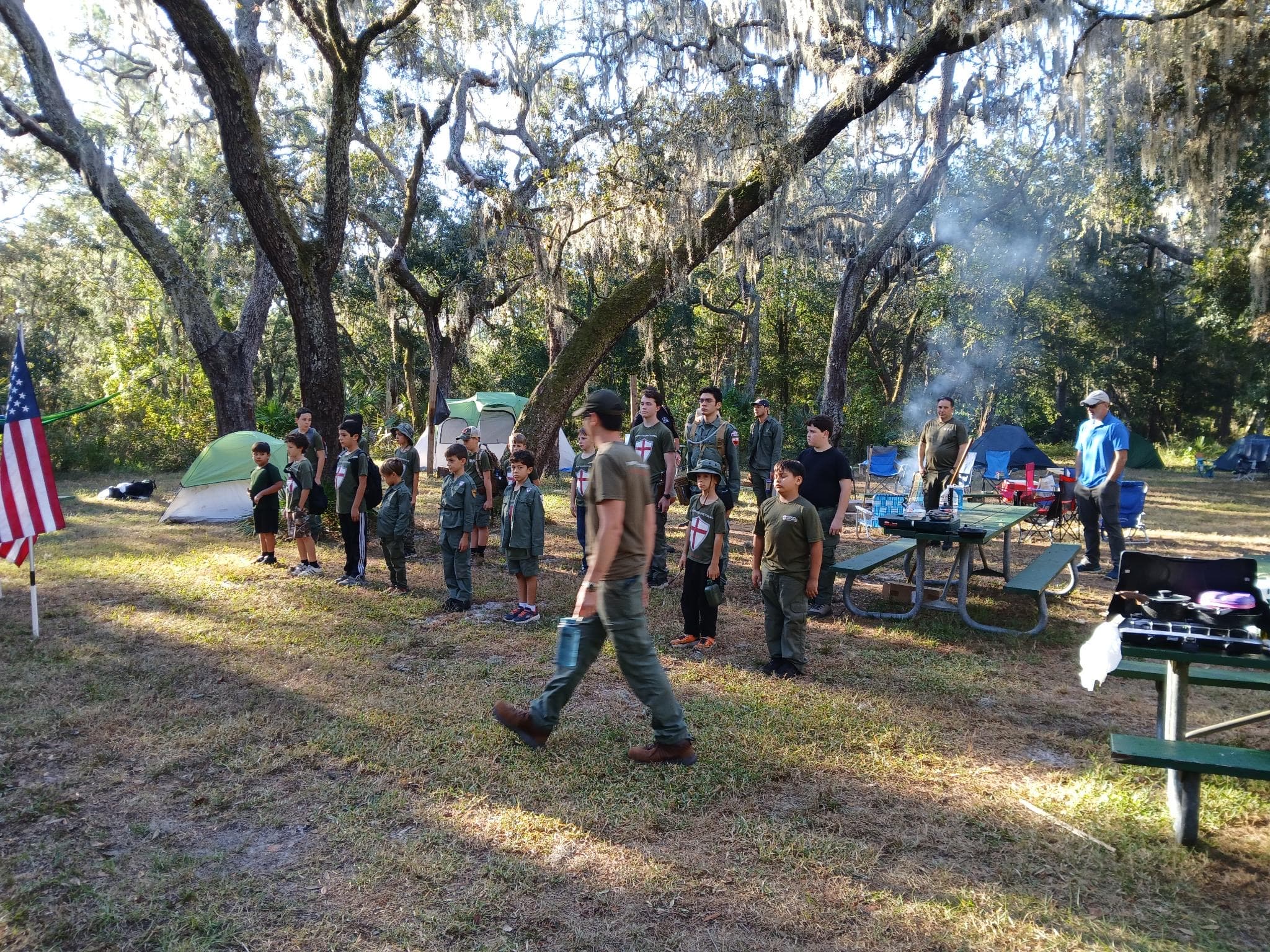 Troop 51 gathered at camp with fathers and sons